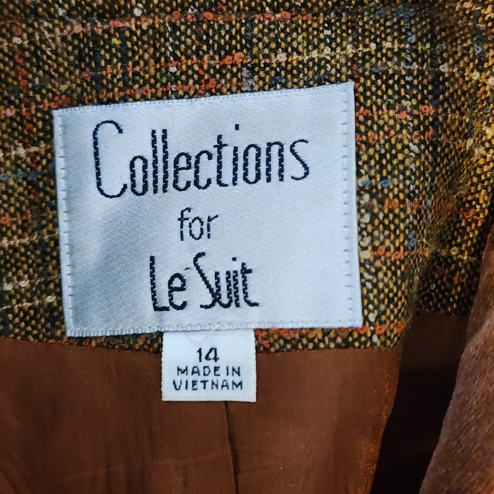 Le Suit 2pc Tweed Skirt Suit Set Women 14 Brown Rust Velvet Business Office Work - Picture 15 of 16